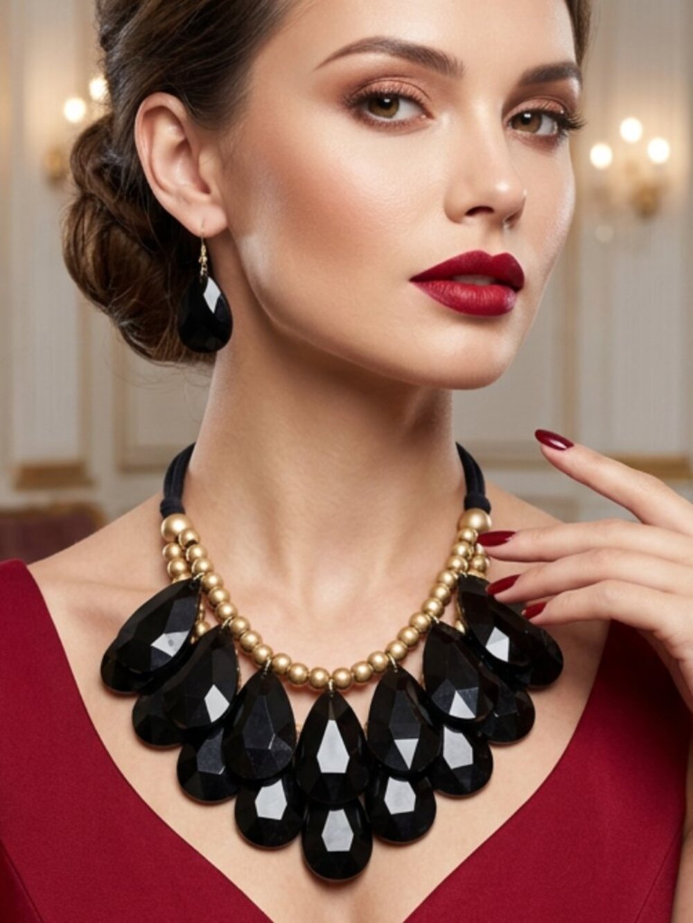 New! Statement Black Teardrop Bib Necklace with Matching Earrings